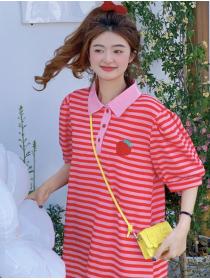Korean POLO Neck Age-Reducing Loose Striped Strawberry T-Shirt Dress