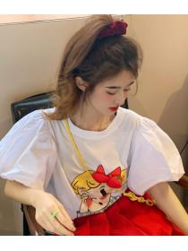Korean Bow Puff Sleeve Cartoon Print Patchwork Loose T-Shirt
