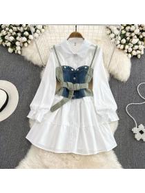 Fashion Long sleeve Denim vest+Shirt dress two pcs set