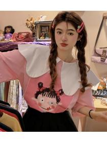 Korean sweet  Lace Matching  loose all-match loose T-shirt 