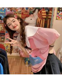 Korean sweet  Lace Matching  loose all-match loose T-shirt 