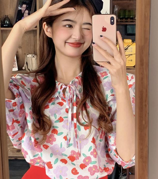 On Sale Sweet Lace Up Floral Printing Blouse
