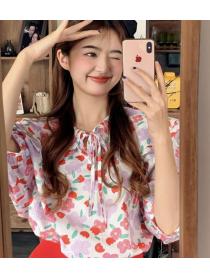 On Sale Sweet Lace Up Floral Printing Blouse 