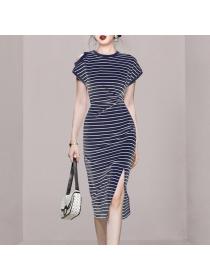 Summer women's new temperament stripe off-shoulder slim-fit slit midi dress