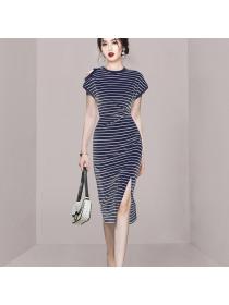 Summer women's new temperament stripe off-shoulder slim-fit slit midi dress