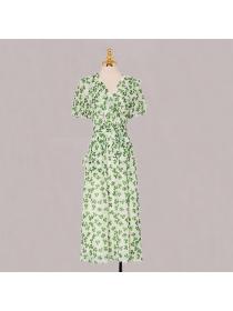 Summer women's new temperament retro puff sleeves green floral long dress