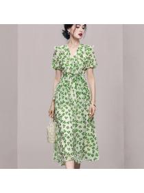 Summer women's new temperament retro puff sleeves green floral long dress