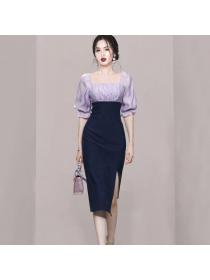 Summer new style temperament square neck puff sleeves slim dress