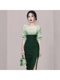 Summer new style temperament square neck puff sleeves slim dress