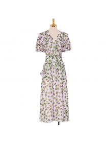 Summer new women's temperament purple puff sleeves long dress