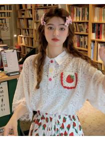 Korean style polo collar hollow lace knitted strawberry pocket loose T-shirt