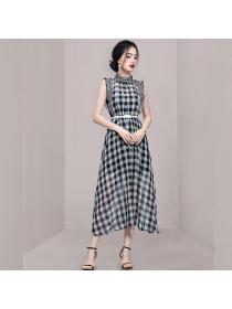 Summer new Korean style fashion temperament simple round neck plaid dress