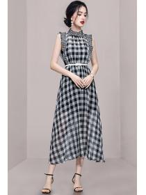 Summer new Korean style fashion temperament simple round neck plaid dress