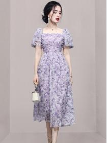 Summer women's new temperament purple Floral print dress