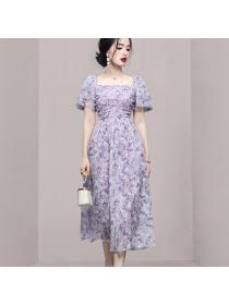 Summer women's new temperament purple Floral print dress