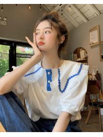 Embroidered Lace Doll Collar Short Sleeve  Loose Top