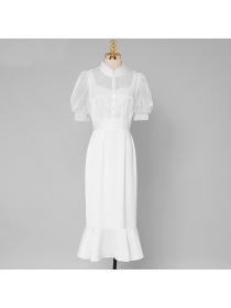 Summer new temperament white lantern sleeve slim-waist satin cheongsam fishtail dress