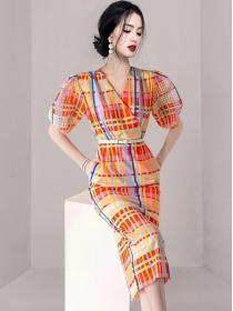 Summer new Korean fashion retro plaid temperament V-neck hip-full dress