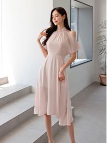Summer's new Korean fashion elegant stand-up collar Solid color dress