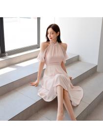 Summer's new Korean fashion elegant stand-up collar Solid color dress