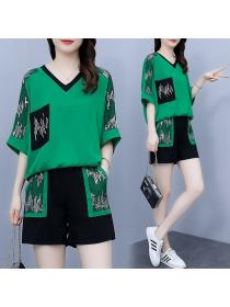 Summer fashion loose plus size V-neck T-shirt + casual shorts two-piece set