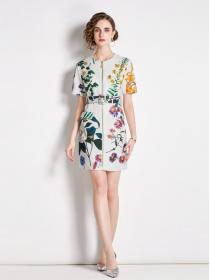 European style Beaded Print Short Sleeve Slim Fit Dress