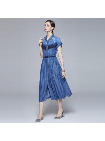 Summer fashion Denim Dress Short Sleeve Pinch Waist Long Dress