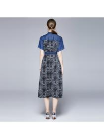 European fashion ladies Polo collar denim stitching chiffon Print dress A-line dress