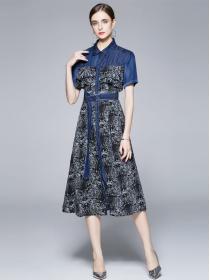 European fashion ladies Polo collar denim stitching chiffon Print dress A-line dress
