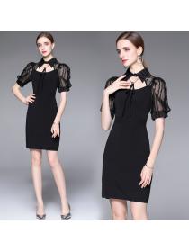 Fashion style Lapel Short Sleeve Puff Sleeve Knitted Black Dress