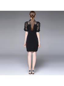 Fashion style Lapel Short Sleeve Puff Sleeve Knitted Black Dress