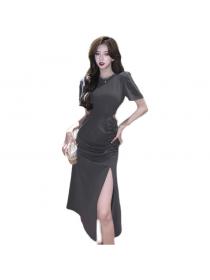Fashion Irregular-Slit Slim Fit High Waist Dress