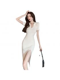 Polo Neck Slit Dress Women's Slim Fit Stretch Knit dress