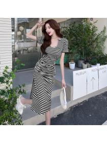 On sale Striped Slit U Neck Irregular Drawstring Dress