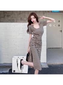 On sale Striped Slit U Neck Irregular Drawstring Dress
