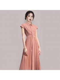 New style high-end chic long pleated pink dress