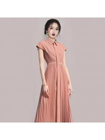 New style high-end chic long pleated pink dress