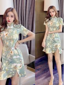 New style Flower print lotus leaf girl's slit cheongsam dress