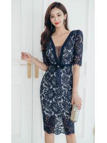Korean Style V  Collars Lace Hollow Out Slim Dress