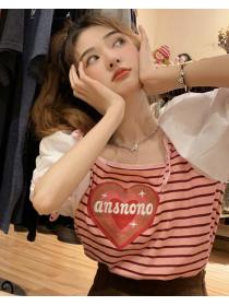 Square Neck Embroidered Heart Panel Puff Sleeve Loose Lace-Up T-Shirt