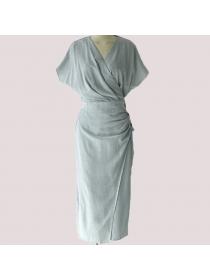 Elegant v-neck dress button pleated short sleeve slit dress