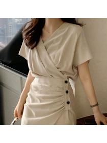 Elegant v-neck dress button pleated short sleeve slit dress