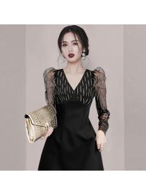 Korean style high-end black dress Autumn new women's V-neck mesh dress