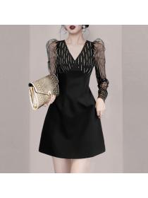 Korean style high-end black dress Autumn new women's V-neck mesh dress