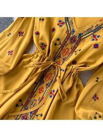 Vintage style slim embroidery V-neck dress summer women's seaside holiday long-sleeved dress