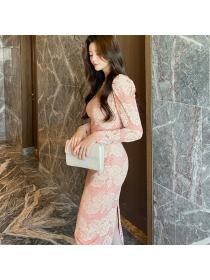 Autumn new fashion trend women's Korean style temperament slim lace dress