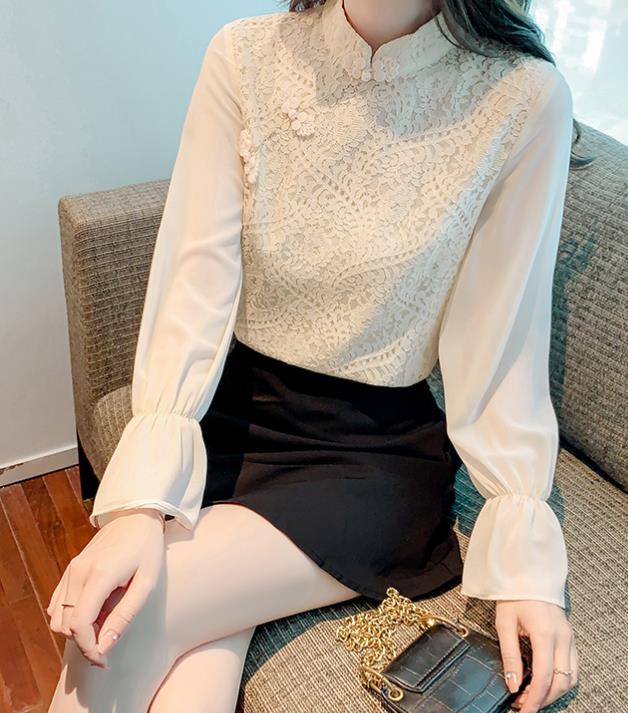 On Sale Lotus Leaf Stand Collar Puff Sleeves Blouse