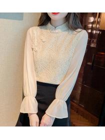 On Sale Lotus Leaf Stand Collar Puff Sleeves Blouse 