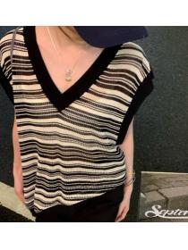 Discount Loose Stripe V  Collars Knitting Top 