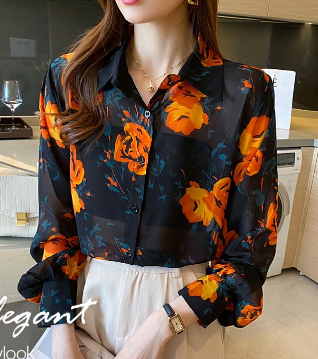 French retro lantern long-sleeved floral shirt design niche loose chic top
